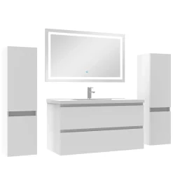 Ensemble Meuble De Salle De Bains|AICA Sanitaire Ensemble meubles Salle de Bain 100cm simple vasque + colonne + miroir lumineux Blanc