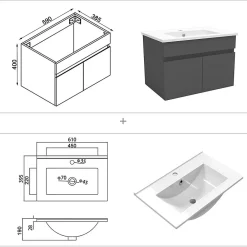 Ensemble Meuble De Salle De Bains|AICA Sanitaire Ensemble meubles Salle de Bain simple vasque 60cm + rond miroir lumineux Anthracite