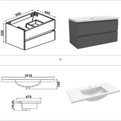 AICA Sanitaire Ensemble meubles Salle de Bain 100cm vasque + miroir 3 couleurs lumineux Anthracite