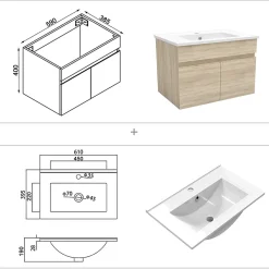 Ensemble Meuble De Salle De Bains|AICA Sanitaire Ensemble meubles Salle de Bain simple vasque 60cm + miroir lumineux Chêne Wotan