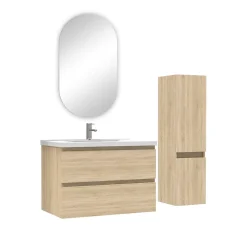 Ensemble Meuble De Salle De Bains|AICA Sanitaire Ensemble meubles Salle de Bain 80cm vasque + colonne + miroir ovale Chêne Wotan