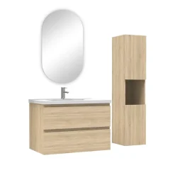 AICA Sanitaire Ensemble meubles simple vasque 80cm,colonne + miroir ovale Chêne Wotan