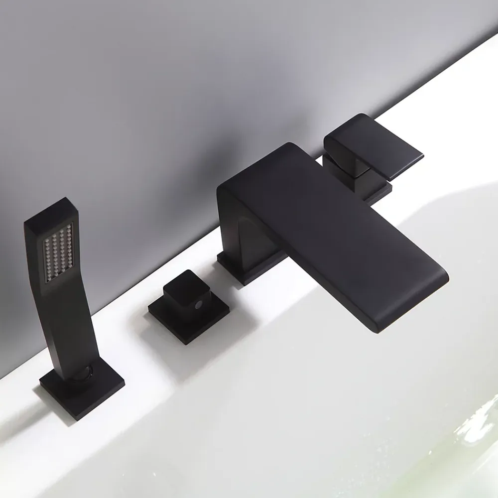Bernstein Ensemble Robinet mélangeur Noir Baignoire 4 trous en Cascade, Ensemble Pommeau Douchette Bain - 6080B