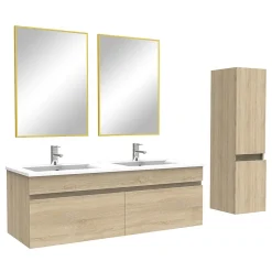 Ensemble Meuble De Salle De Bains|AICA Sanitaire Ensemble Salle De Bain 120cm Chêne Wotan meuble et miroir et colonne et double vasque