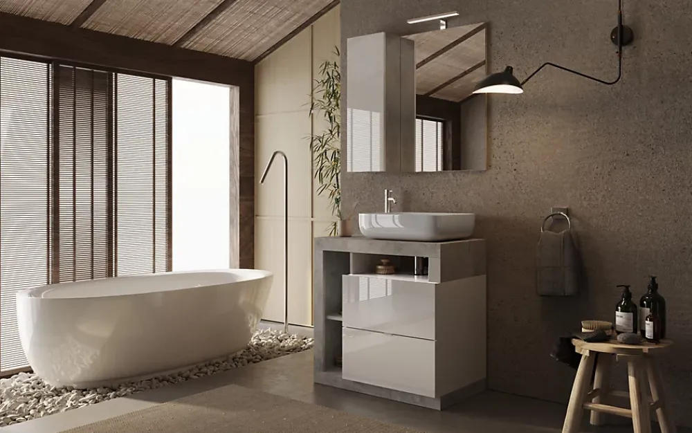 Autres Ensemble salle de bain meuble+miroir+vasque HAMBURG blanc brillant, béton 79 x 79 x 49 cm