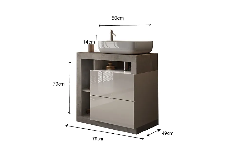 Autres Ensemble salle de bain meuble+miroir+vasque HAMBURG blanc brillant, béton 79 x 79 x 49 cm