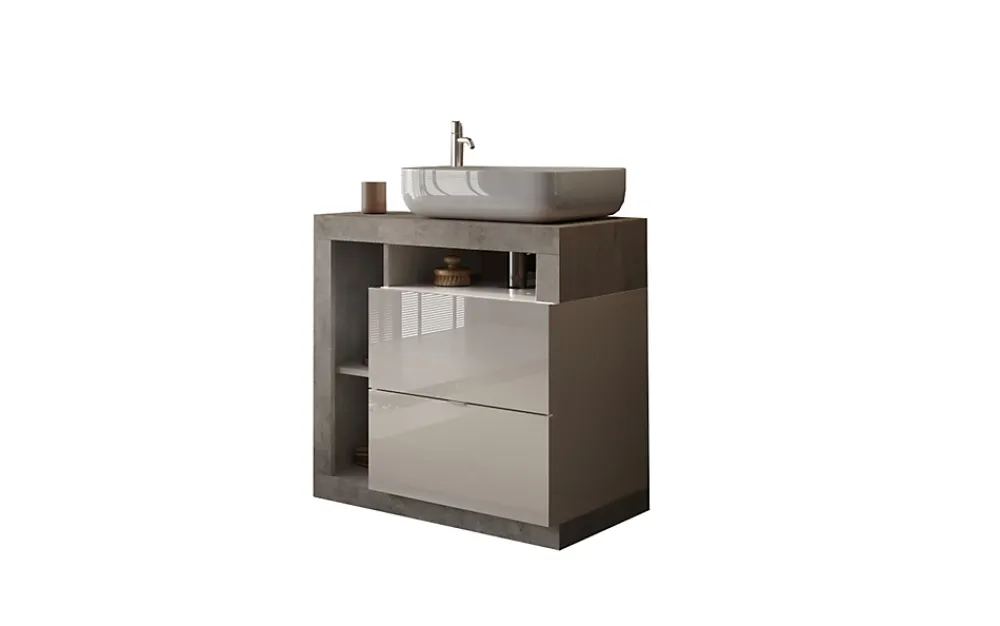 Autres Ensemble salle de bain meuble+miroir+vasque HAMBURG blanc brillant, béton 79 x 79 x 49 cm