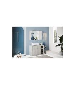 Autres Ensemble salle de bain, meuble+miroir+vasque BASIC pin blanc, 110 x 78 x 45 cm