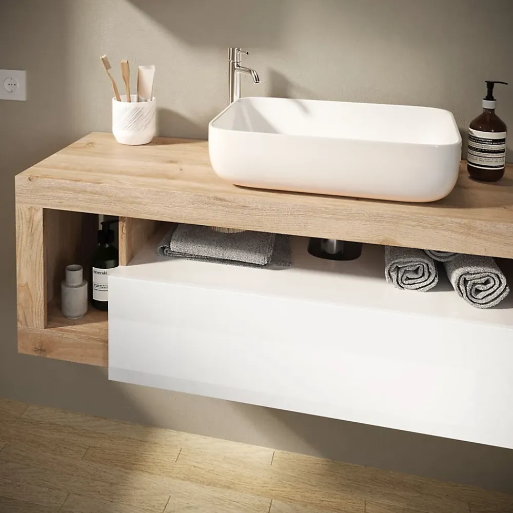 Meuble De Salle De Bains Faible Profondeur|Azura Home Design Ensemble salle de bain meuble suspendu+miroir+vasque HAMBURG blanc brillant, Kadiz 110 x 47 x 49 cm