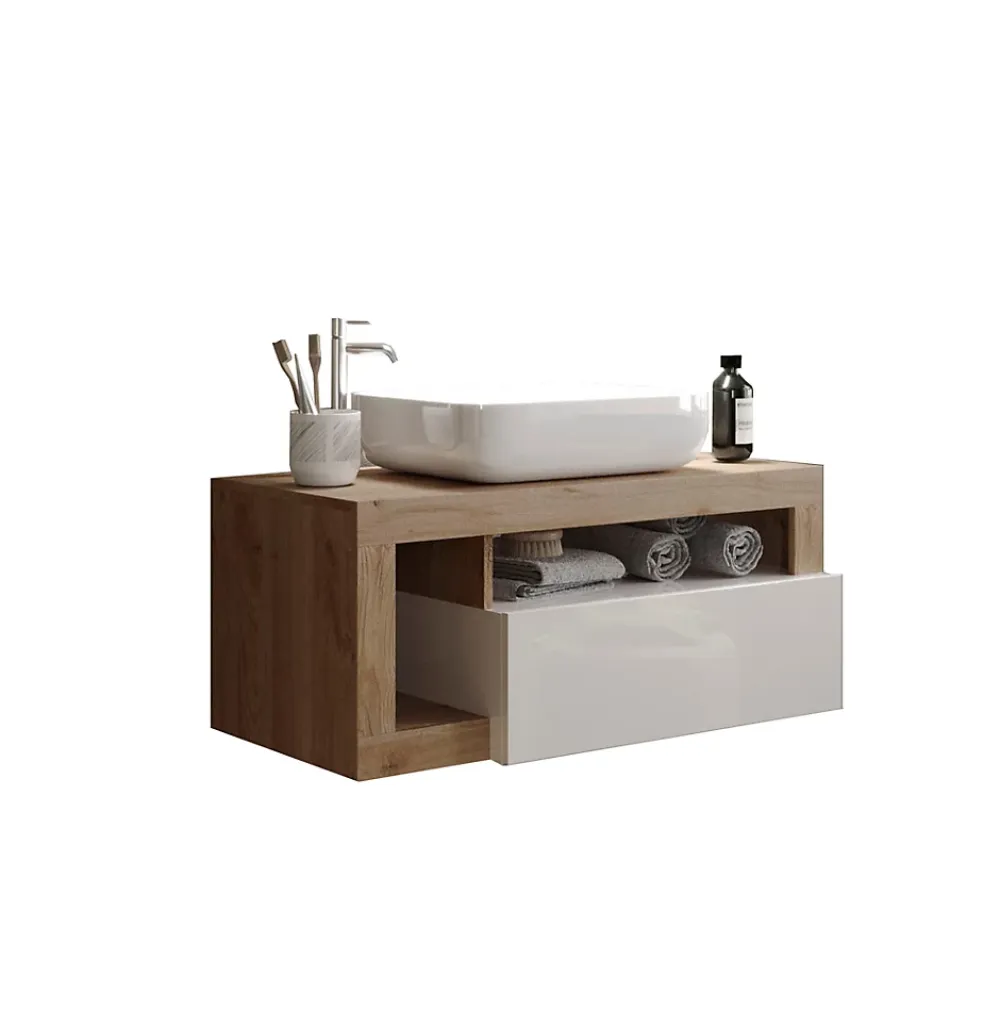 Meuble De Salle De Bains Faible Profondeur|Azura Home Design Ensemble salle de bain meuble suspendu+miroir+vasque HAMBURG blanc brillant, Kadiz 110 x 47 x 49 cm