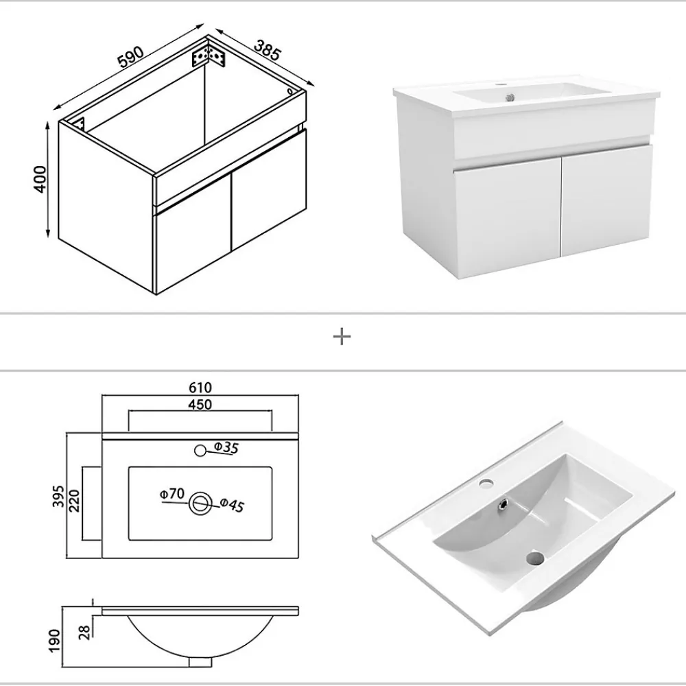 AICA Sanitaire Ensemble Salle De Bain simple vasque avec colonne et miroir 60cm meuble blanc