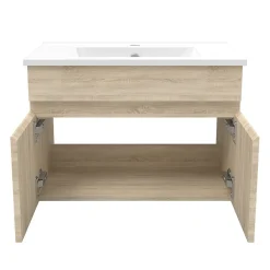Ensemble Meuble De Salle De Bains|AICA Sanitaire Ensemble Salle De Bain simple vasque 60cm meuble Chêne Wotan avec miroir lumineux
