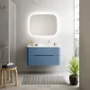 Meuble Vasque| Ensemble salle de bains L. 104 cm meuble sous vasque bleu mat + plan vasque à droite blanc brillant Alba