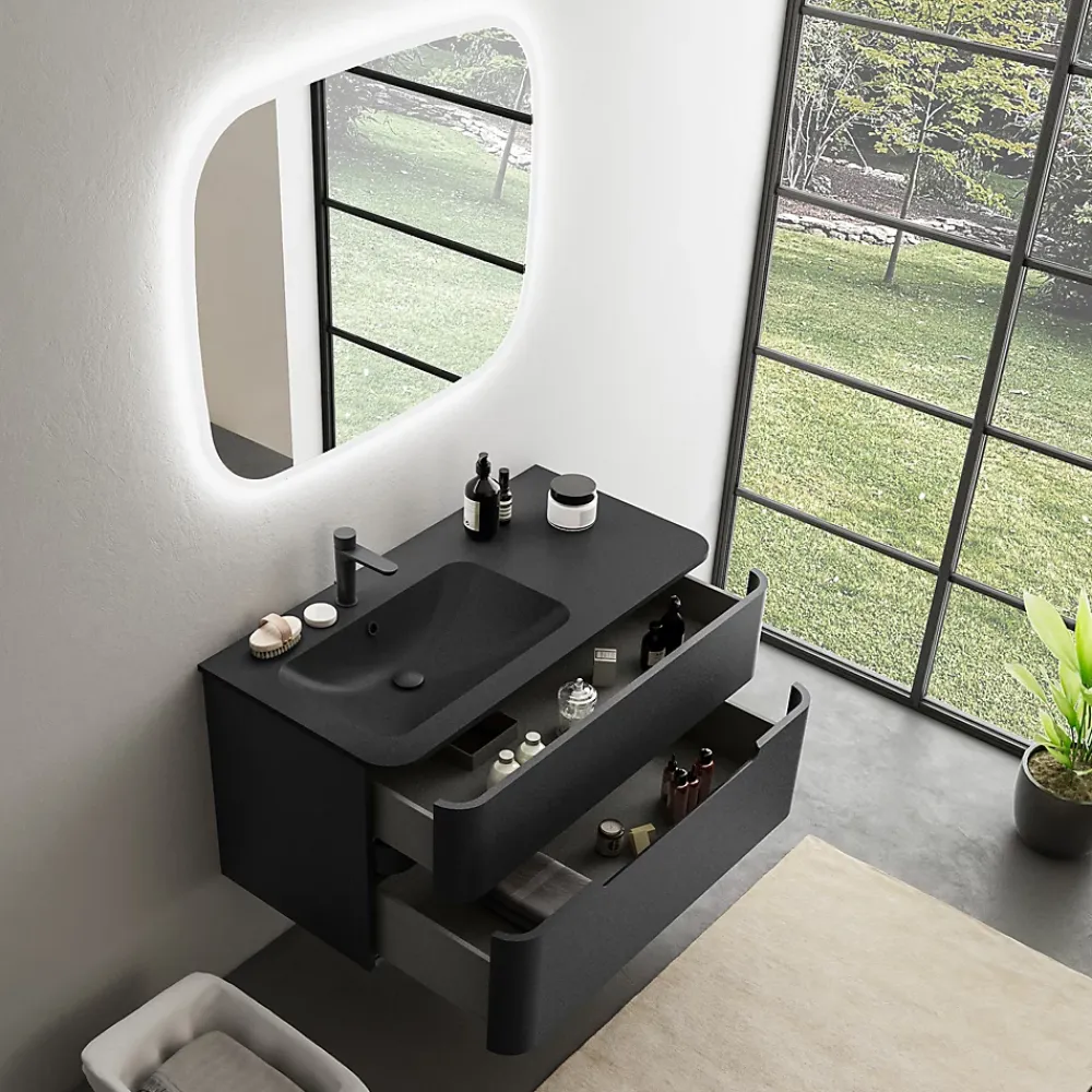 Ensemble salle de bains L. 104 cm meuble sous vasque noir mat + plan vasque à gauche noir mat Alba
