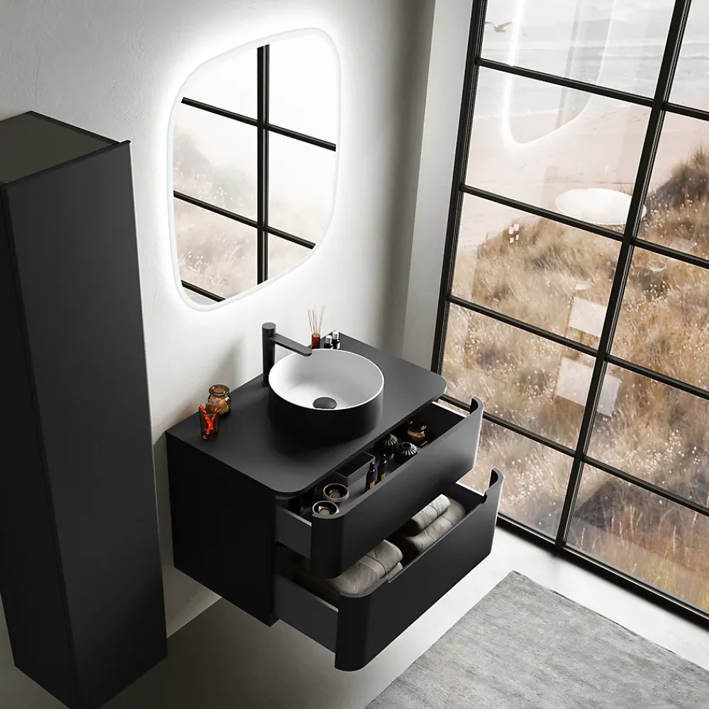 Ensemble salle de bains L. 84 cm meuble sous vasque + plan de toilette noir mat Alba
