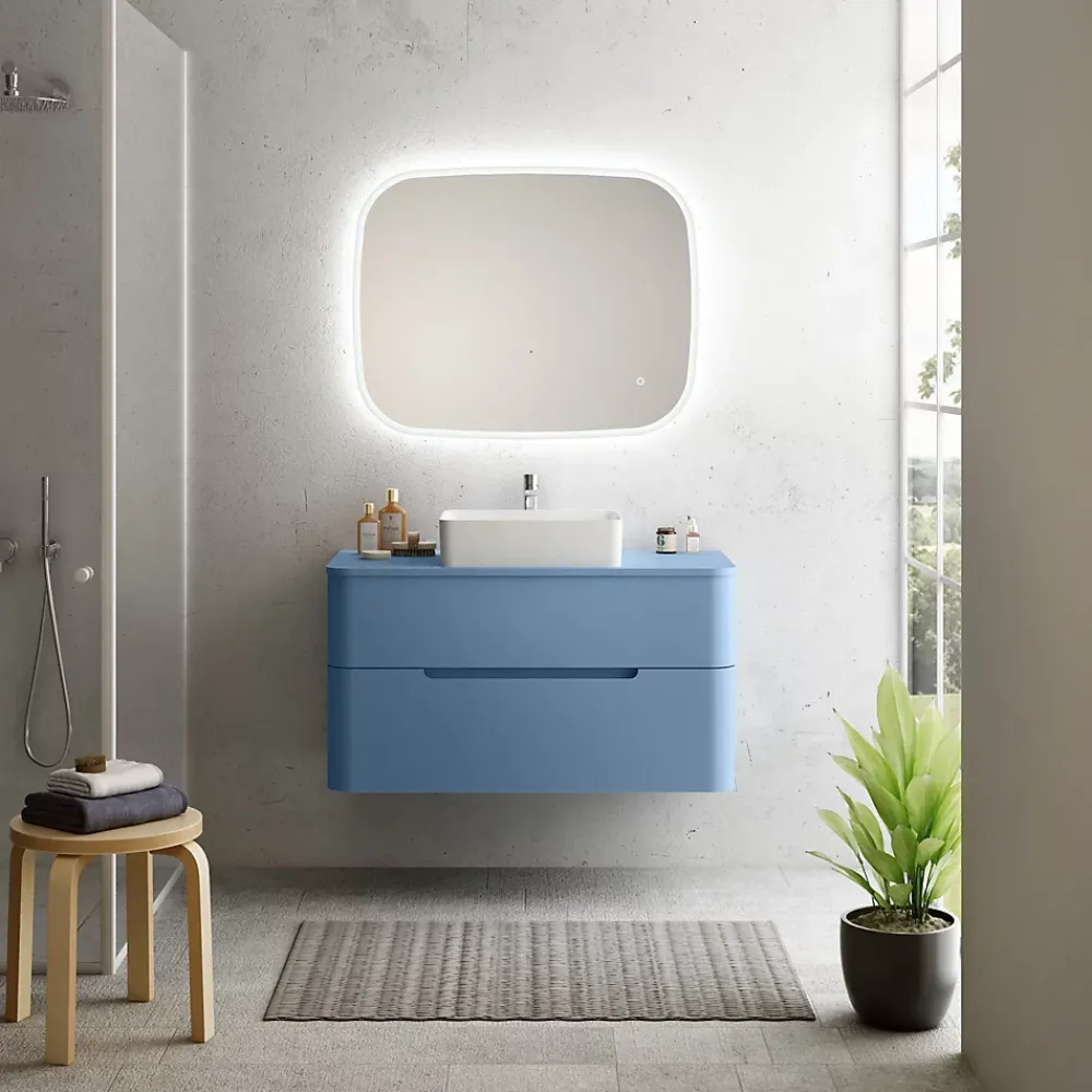 Meuble Buanderie| Ensemble salle de bains L. 104 cm meuble sous vasque + plan de toilette bleu mat Alba
