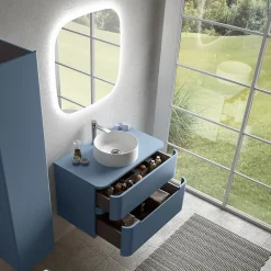 Meuble Buanderie| Ensemble salle de bains L. 84 cm meuble sous vasque + plan de toilette bleu mat Alba