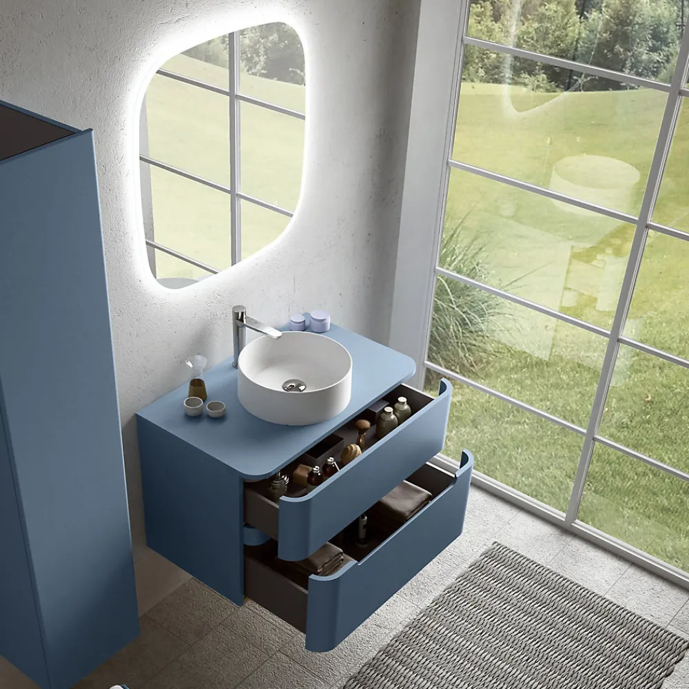 Meuble Buanderie| Ensemble salle de bains L. 84 cm meuble sous vasque + plan de toilette bleu mat Alba