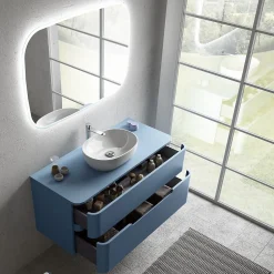 Meuble Buanderie| Ensemble salle de bains L. 119 cm meuble sous vasque + plan de toilette bleu mat Alba