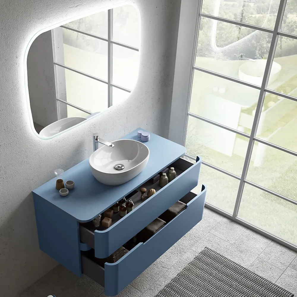 Meuble Buanderie| Ensemble salle de bains L. 119 cm meuble sous vasque + plan de toilette bleu mat Alba
