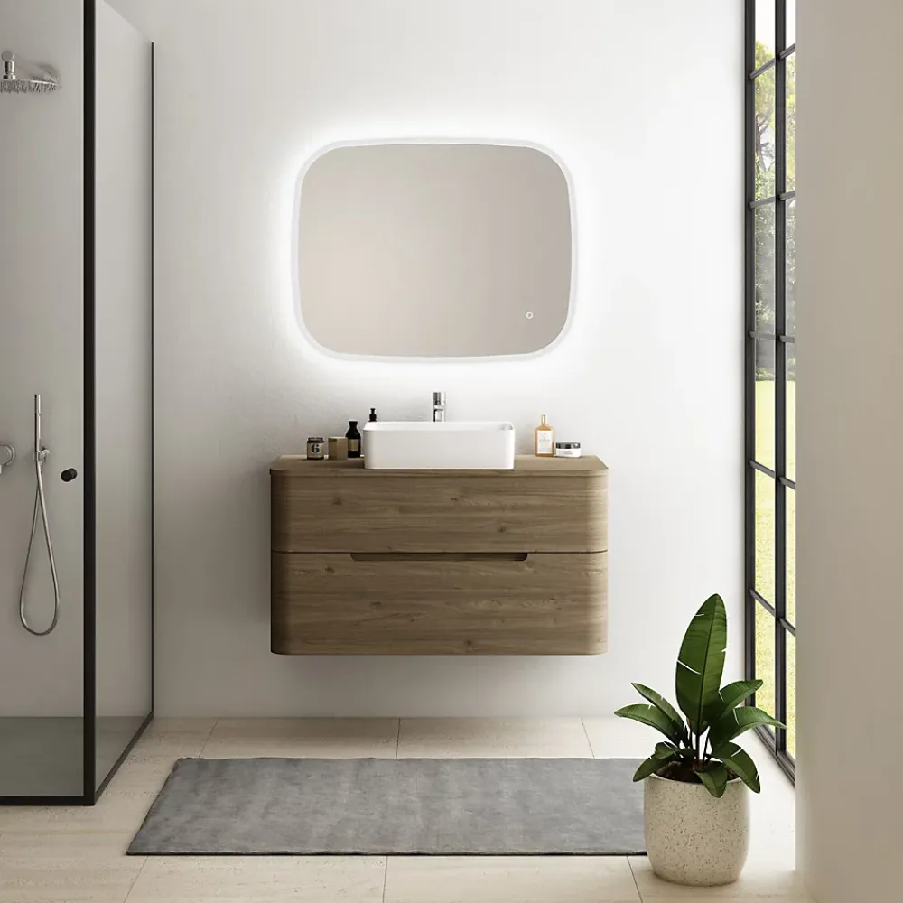 Meuble Buanderie| Ensemble salle de bains L. 104 cm meuble sous vasque + plan de toilette décor noyer Alba
