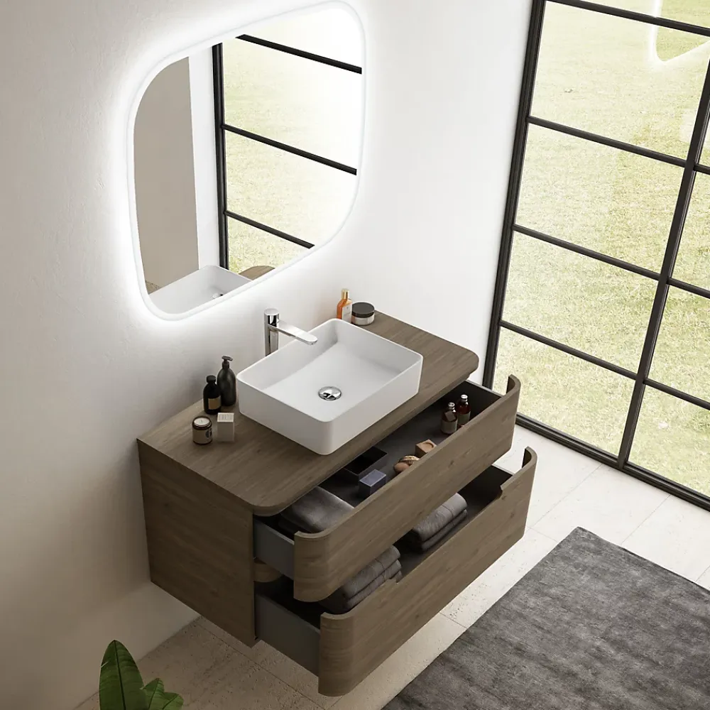 Meuble Buanderie| Ensemble salle de bains L. 104 cm meuble sous vasque + plan de toilette décor noyer Alba