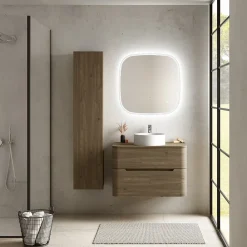 Meuble Buanderie| Ensemble salle de bains L. 84 cm meuble sous vasque + plan de toilette décor noyer Alba