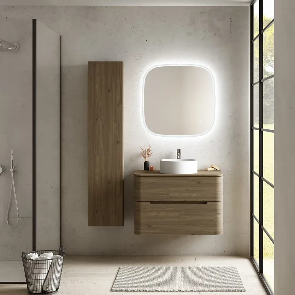 Meuble Buanderie| Ensemble salle de bains L. 84 cm meuble sous vasque + plan de toilette décor noyer Alba