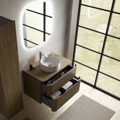 Meuble Buanderie| Ensemble salle de bains L. 84 cm meuble sous vasque + plan de toilette décor noyer Alba