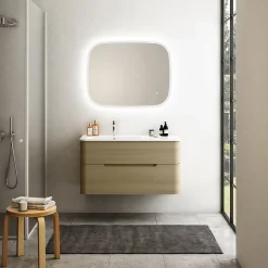 Meuble Vasque| Ensemble salle de bains L. 104 cm meuble sous vasque décor chêne clair + plan vasque à gauche blanc brillant Alba