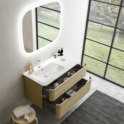 Meuble Vasque| Ensemble salle de bains L. 104 cm meuble sous vasque décor chêne clair + plan vasque à gauche blanc brillant Alba