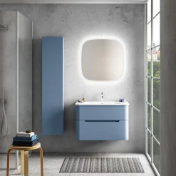 Meuble Vasque| Ensemble salle de bains L. 84 cm meuble sous vasque bleu mat + plan vasque blanc brillant Alba