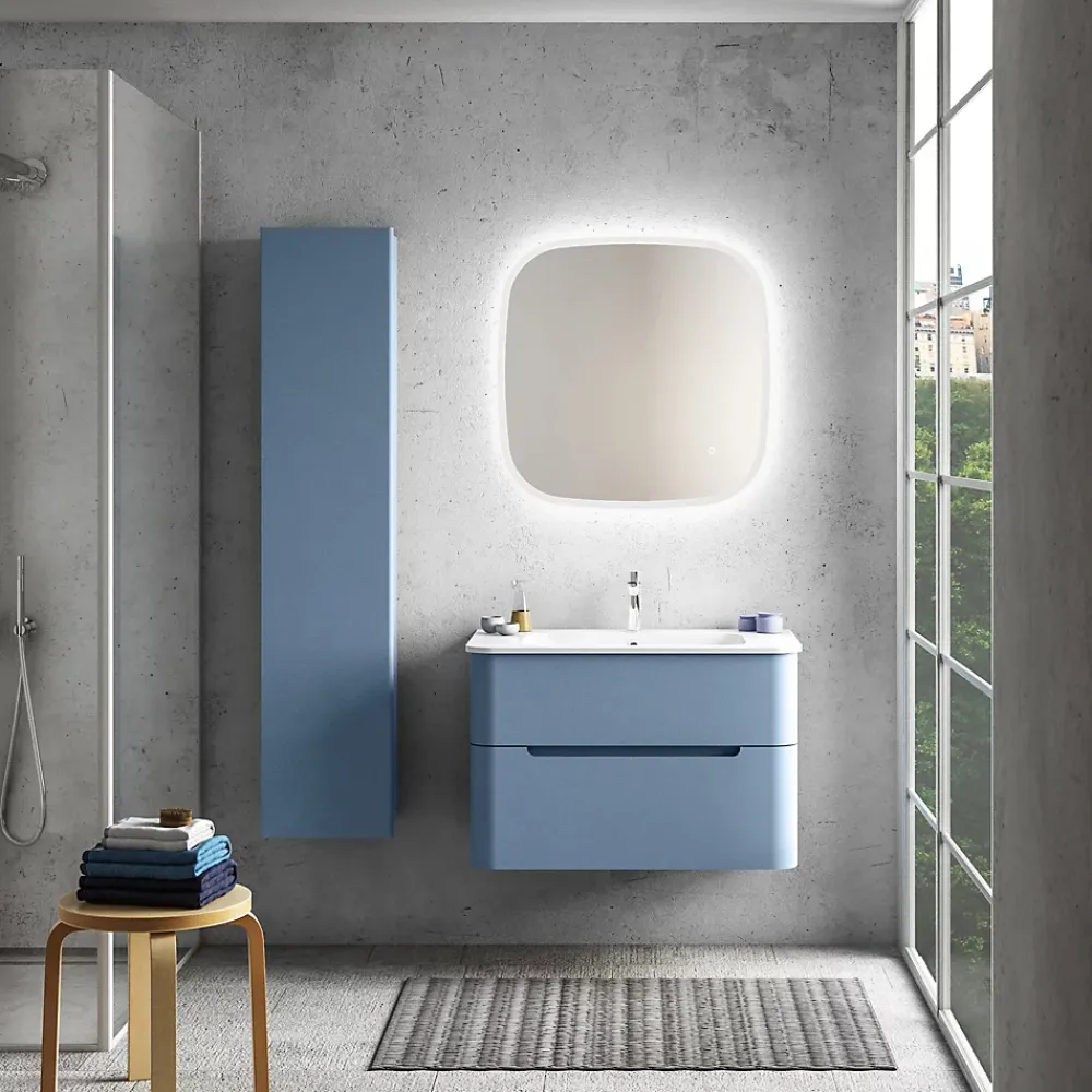 Meuble Vasque| Ensemble salle de bains L. 84 cm meuble sous vasque bleu mat + plan vasque blanc brillant Alba