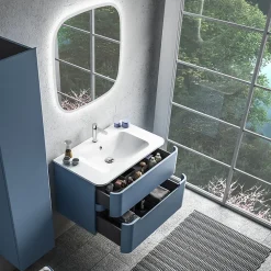 Meuble Vasque| Ensemble salle de bains L. 84 cm meuble sous vasque bleu mat + plan vasque blanc brillant Alba