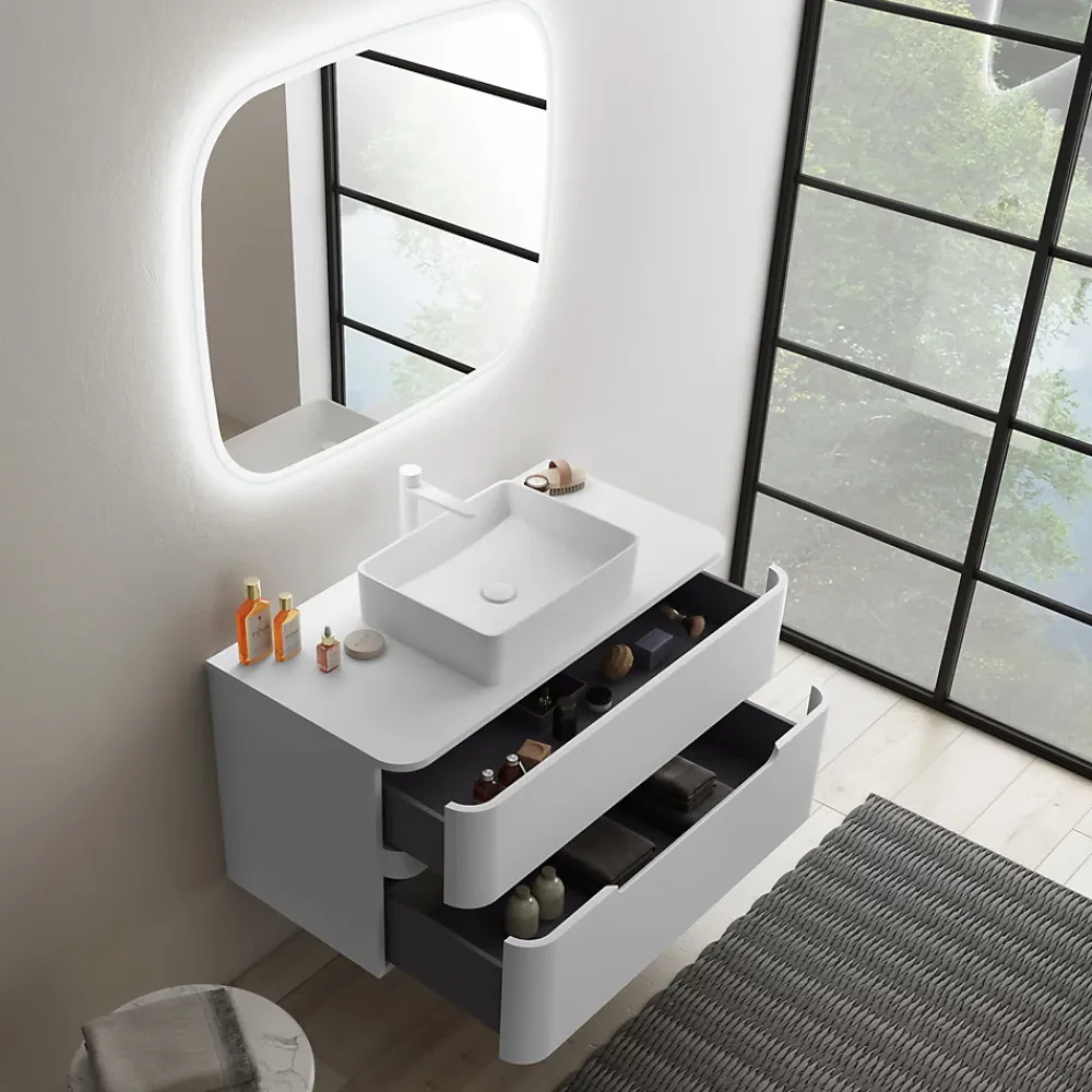 Meuble Buanderie| Ensemble salle de bains L. 104 cm meuble sous vasque + plan de toilette blanc mat Alba