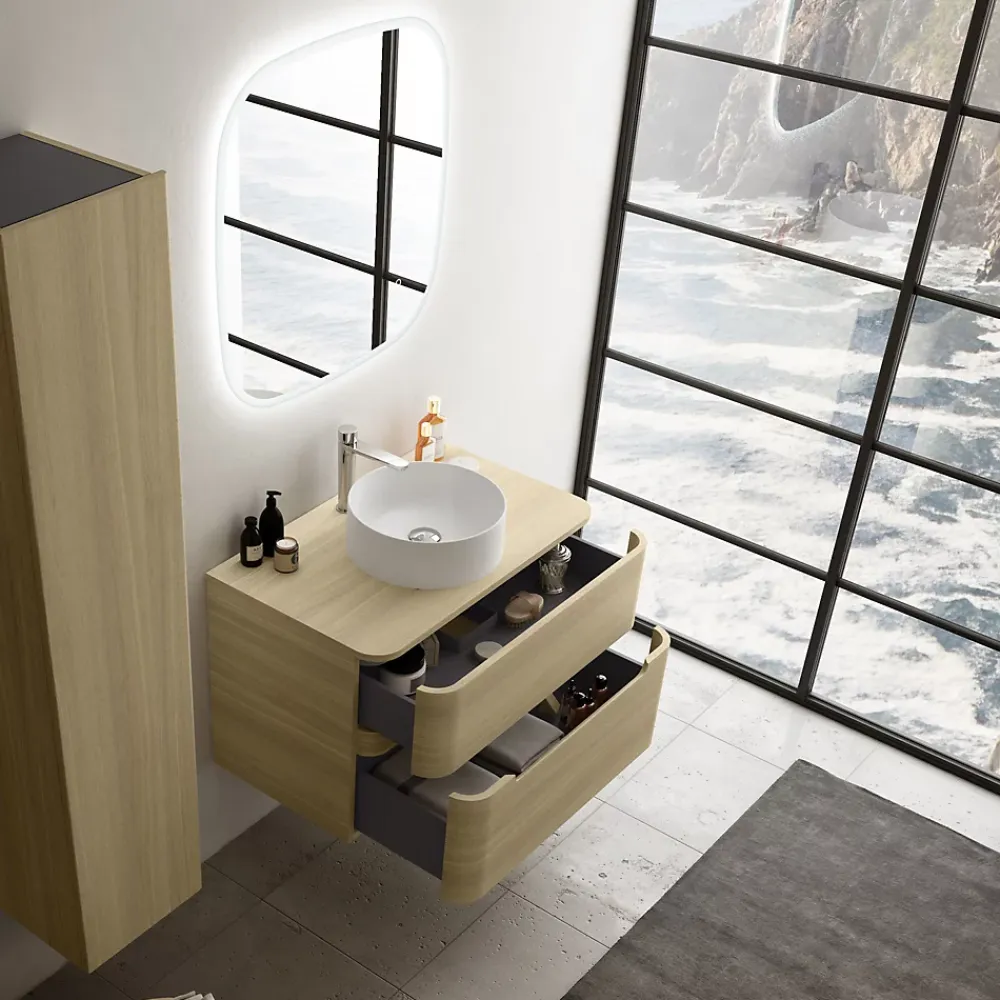 Ensemble salle de bains L. 84 cm meuble sous vasque + plan de toilette décor chêne clair Alba
