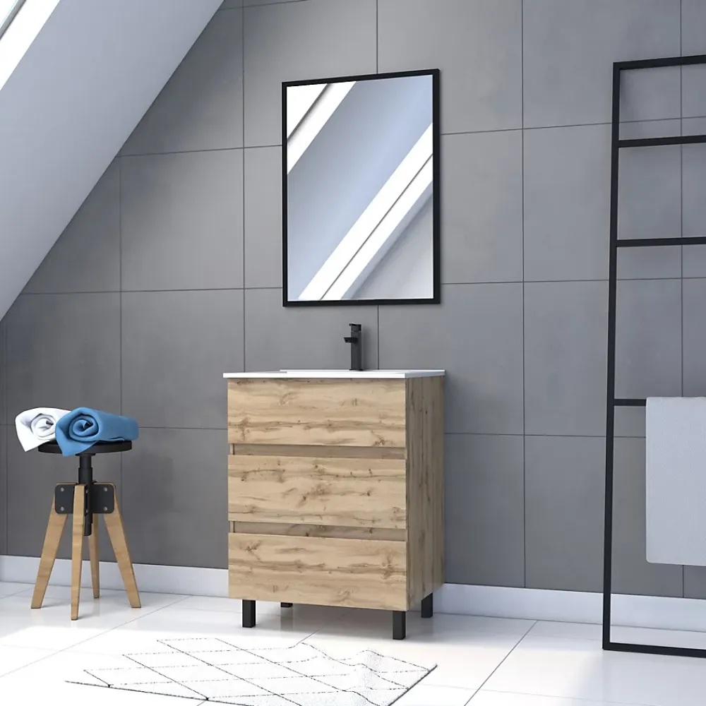 Ensemble Meuble De Salle De Bains|Galedo Ensemble sous vasque à poser effet chêne industriel 3 tiroirs + vasque blanche + 1 miroir, l.60 cm, Timber
