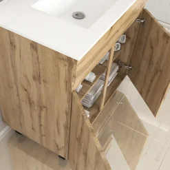 Meuble Vasque|Galedo Ensemble sous vasque à poser effet chêne industriel 2 portes + vasque blanche, l.80 cm, Timber