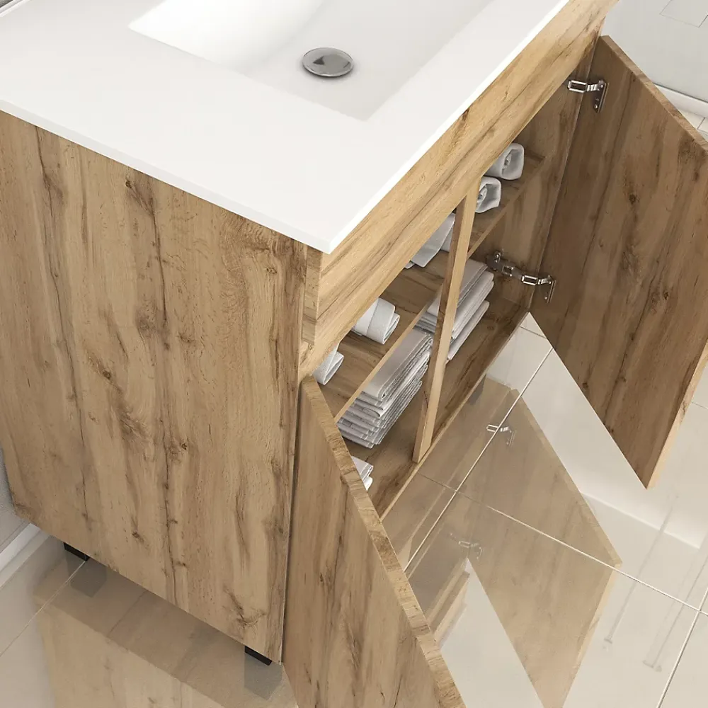 Meuble Vasque|Galedo Ensemble sous vasque à poser effet chêne industriel 2 portes + vasque blanche, l.80 cm, Timber