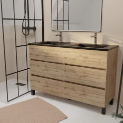 Meuble Vasque|Galedo Ensemble sous vasque à poser effet chêne naturel 6 tiroirs + vasque double noire, l.120 cm, Timber