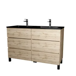 Meuble Vasque|Galedo Ensemble sous vasque à poser effet chêne naturel 6 tiroirs + vasque double noire, l.120 cm, Timber