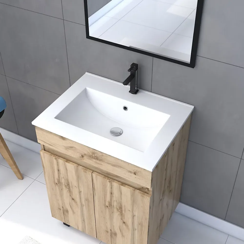 Ensemble Meuble De Salle De Bains|Galedo Ensemble sous vasque à poser effet chêne industriel 2 portes + vasque blanche + 1 miroir, l.60 cm, Timber