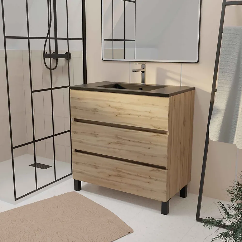 Galedo Ensemble sous vasque à poser effet chêne naturel 3 tiroirs + vasque noire, l.80 cm, Timber