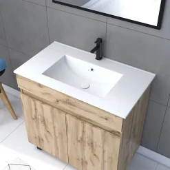 Meuble Vasque|Ensemble Meuble De Salle De Bains|Galedo Ensemble sous vasque à poser effet chêne industriel 2 portes + vasque blanche + 1 miroir, l.80 cm, Timber