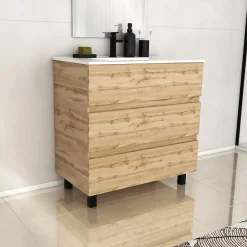 Galedo Ensemble sous vasque à poser effet chêne industriel 3 tiroirs + vasque blanche, l.80 cm, Timber