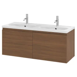 GoodHome Ensemble sous vasque effet noyer 2 tiroirs + plan vasque blanc en céramique l.120 cm, Levanna