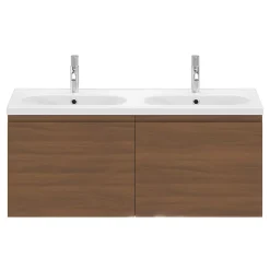 GoodHome Ensemble sous vasque effet noyer 2 tiroirs + plan vasque blanc en céramique l.120 cm, Levanna