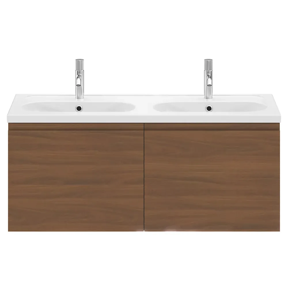 GoodHome Ensemble sous vasque effet noyer 2 tiroirs + plan vasque blanc en céramique l.120 cm, Levanna