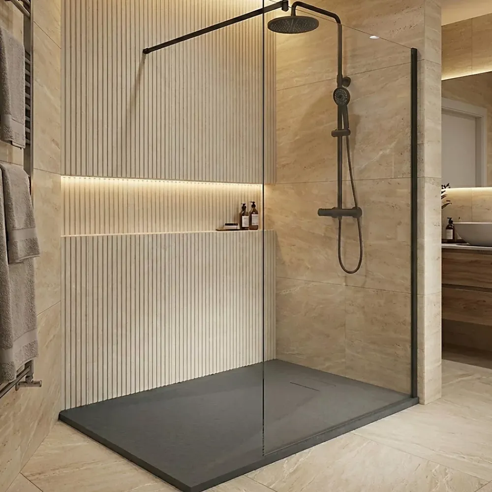Ceramia Essential 120x90 cm receveur de douche rectangulaire à poser SMC avec surface effet pierre, gris foncé (CERAES12090DG)