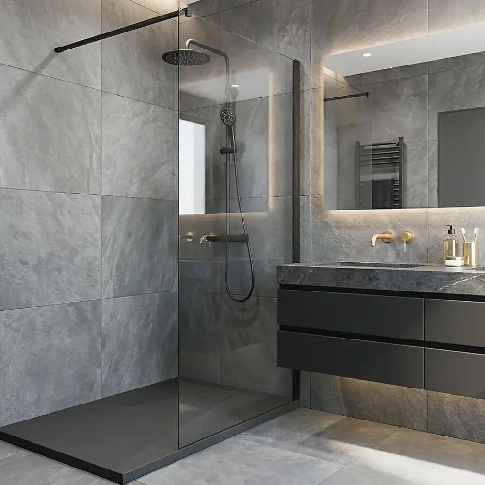 Ceramia Essential 120x90 cm receveur de douche rectangulaire à poser SMC avec surface effet pierre, gris foncé (CERAES12090DG)